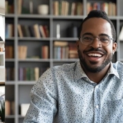 Smiling african American man worker talk brainstorm on video call with diverse colleagues, screen view of multiracial coworkers have webcam team work conference, engaged in web online briefing